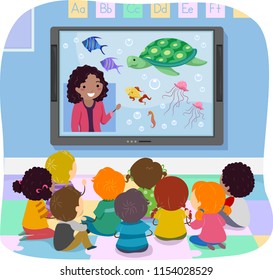 Illustration Of Stickman Kids Watching Their Teacher Online Showing Fish, Turtles And Jellyfish As Part Of Virtual Field Trip