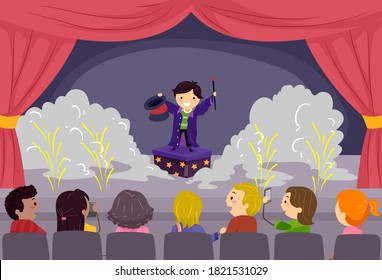 Illustration of Stickman Kids Watching their Friend a Kid Boy on Stage Performing Magic