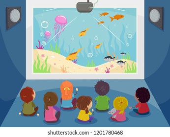 Illustration of Stickman Kids Watching Under the Sea with Fish, Jellyfish and Plants Projected on a Big Screen at School