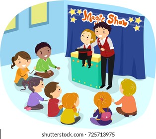 Illustration of Stickman Kids Watching a Ventriloquist Perform a Magic Trick