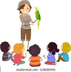 Illustration of Stickman Kids Watching a Zookeeper Demonstration with a Bird