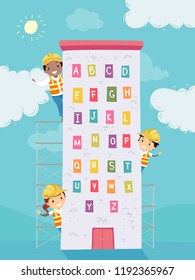 Illustration of Stickman Kids Waving and a Building the Alphabet on the Window
