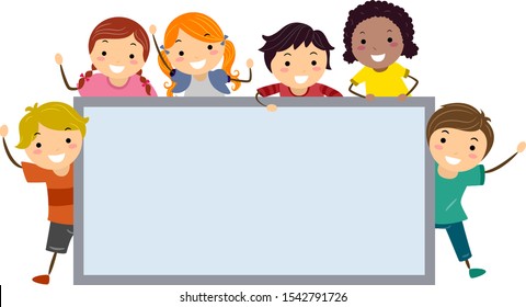 Illustration of Stickman Kids Waving and Holding a Big Blank Board