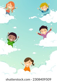 Illustration of Stickman Kids Waving and Peeking From Behind the Clouds in the Sky