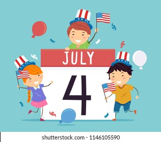 Illustration of Stickman Kids Wearing American Hat and Holding Flag with July 4 on the Daily Calendar