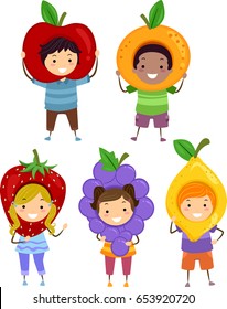 Illustration of Stickman Kids Wearing an Apple, Orange, Strawberry, Grapes and Lemon Costumes