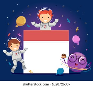 Illustration of Stickman Kids Wearing Astronaut Suits, a Planet Holding a Birthday Cake and a Blank Daily Calendar