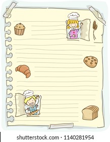 Illustration of Stickman Kids Wearing Baker or Chef Hat on Paper with Muffin, Cookies, Croissant and Loaf Bread Doodles