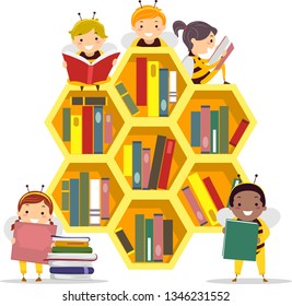 Illustration of Stickman Kids Wearing Bee Costume, Holding and Reading Books in a Bee Hive Shaped Library