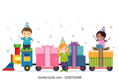 Illustration of Stickman Kids Wearing Birthday Hats with a Train Carrying Different Gifts