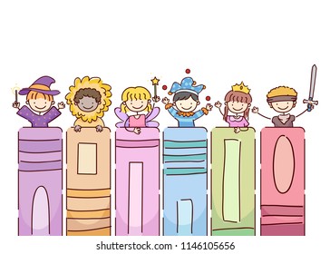 Illustration of Stickman Kids Wearing Different Costumes with their Own Story Books