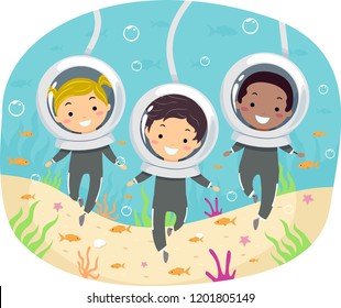 Illustration of Stickman Kids Wearing Diving Helmet Walking Under the Sea