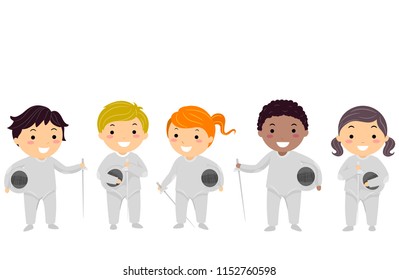 Illustration of Stickman Kids Wearing Fencing Outfit, Sword and Helmet