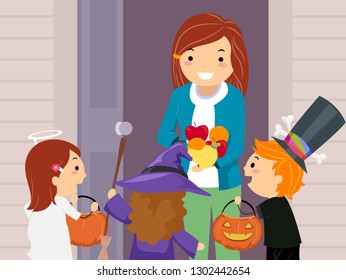 Illustration of Stickman Kids Wearing Halloween Costumes from Angel, Witch and Magician Receiving Fruits During Trick or Treats