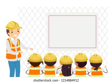 Illustration of Stickman Kids Wearing Hard Hat and Safety Vest Listening to a Construction Engineer