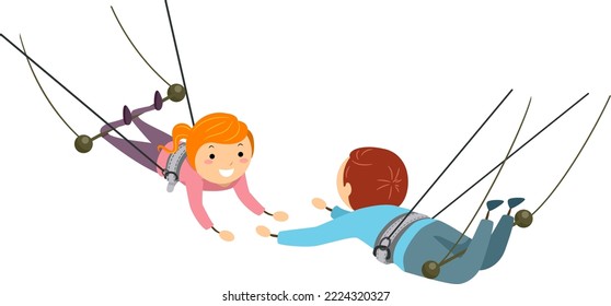 Illustration von Stickman-Kindern, die Harness in Flying Trapeze tragen