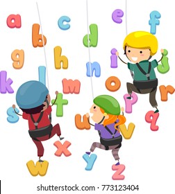 Illustration of Stickman Kids Wearing Helmet, Climbing and Going Up an Alphabet Wall