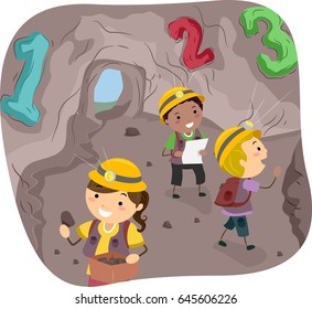 Illustration of Stickman Kids Wearing Helmets Exploring a Cave with Numbers