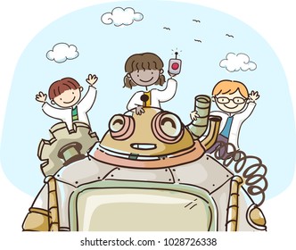 Illustration of Stickman Kids Wearing Laboratory Gowns with a Smiling Robot Outdoors