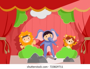 Illustration of Stickman Kids Wearing Lion, Elephant and Tiger Animal Costumes on Stage