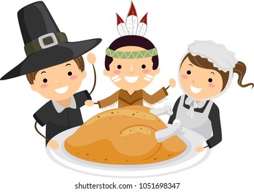 Illustration of Stickman Kids Wearing Pilgrim Costume with Turkey for Thanksgiving