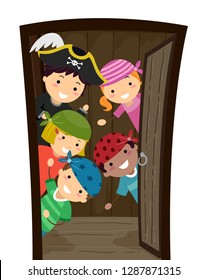 Illustration of Stickman Kids Wearing Pirate Costume Looking From Inside an Open Door Welcoming