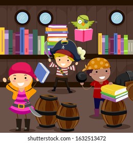 Illustration of Stickman Kids Wearing Pirate Clothes in a Pirate Theme Library