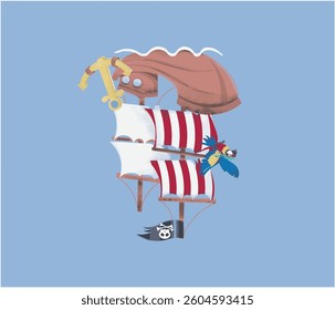 Illustration of Stickman Kids Wearing Pirate Costume Riding a Ship Floating in the Sky