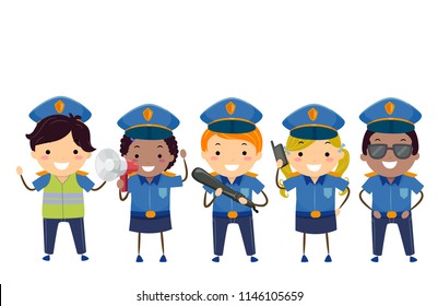 Illustration of Stickman Kids Wearing Police Costume with Megaphone, Baton and Radio