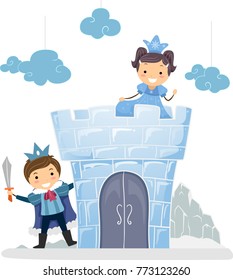 Illustration of Stickman Kids Wearing Princess and Prince Costume Playing Castle