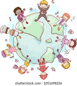 Illustration of Stickman Kids Wearing Profession Costumes Around the World