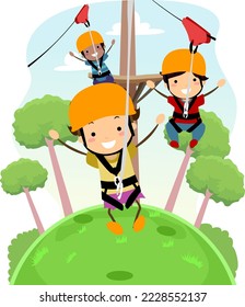 Illustration of Stickman Kids Wearing Safety Harness and Helmets Riding a Zipline Above the Trees