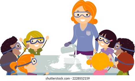 Illustration of Stickman Kids  Wearing Safety Glasses, Girl Pouring Liquid Nitrogen Into a Pan in a Science Camp Workshop