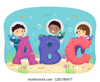 Illustration of Stickman Kids Wearing Scuba Diving Suits Standing Behind ABC Corals