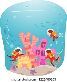 Illustration of Stickman Kids Wearing Scuba Diving Gear Going Inside Underwater Buildings