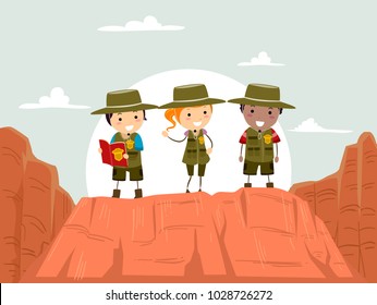 Illustration of Stickman Kids Wearing Uniform and Exploring the Canyons