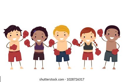 Illustration of Stickman Kids Wearing Uniform and Gloves Ready for Muay Thai