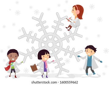 Illustration of Stickman Kids Wearing White Lab Coats with a Big Snowflake Doing an Experiment