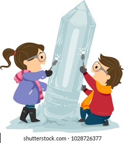 Illustration Of Stickman Kids Wearing Winter Clothes And Carving A Pencil Ice Sculpture