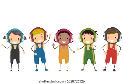 Illustration of Stickman Kids Wearing Wrestling Uniforms In Different Colors