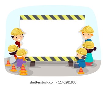 Illustration of Stickman Kids Wearing Yellow Hard Hats and Looking at a Blank Board with Construction Stripes