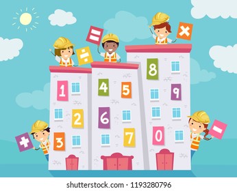 Ilustración de niños de Stickman con sombreros duros amarillos sosteniendo operadores matemáticos con edificios con números