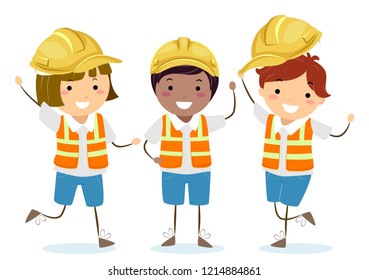 Illustration of Stickman Kids Wearing Yellow Construction Hard Hats and Reflector or Safety Vest