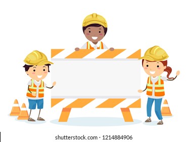 Illustration Of Stickman Kids Wearing Yellow Hard Hat And Vest, Standing With A Construction Sign Board
