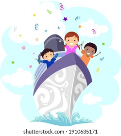 Illustration of Stickman Kids in a Welcome Party on Cruise Ship