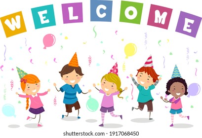 Illustration Of Stickman Kids In A Welcome Party With Balloons And Confetti