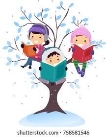 Illustration of Stickman Kids In Winter Reading Books Under the Snow While Sitting on a Tree