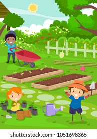 Illustration of Stickman Kids Working in the Garden with Seedlings, Shovel and Wheelbarrow