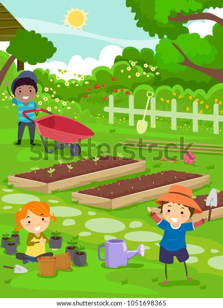 苗木とショベルと手押し車で庭で働くステックマンの子どもたちのイラスト のベクター画像素材 ロイヤリティフリー