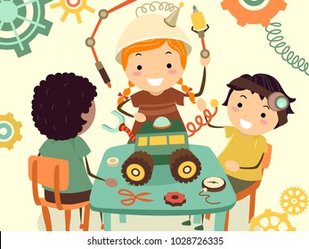 Illustration of Stickman Kids Working on a Steampunk Project